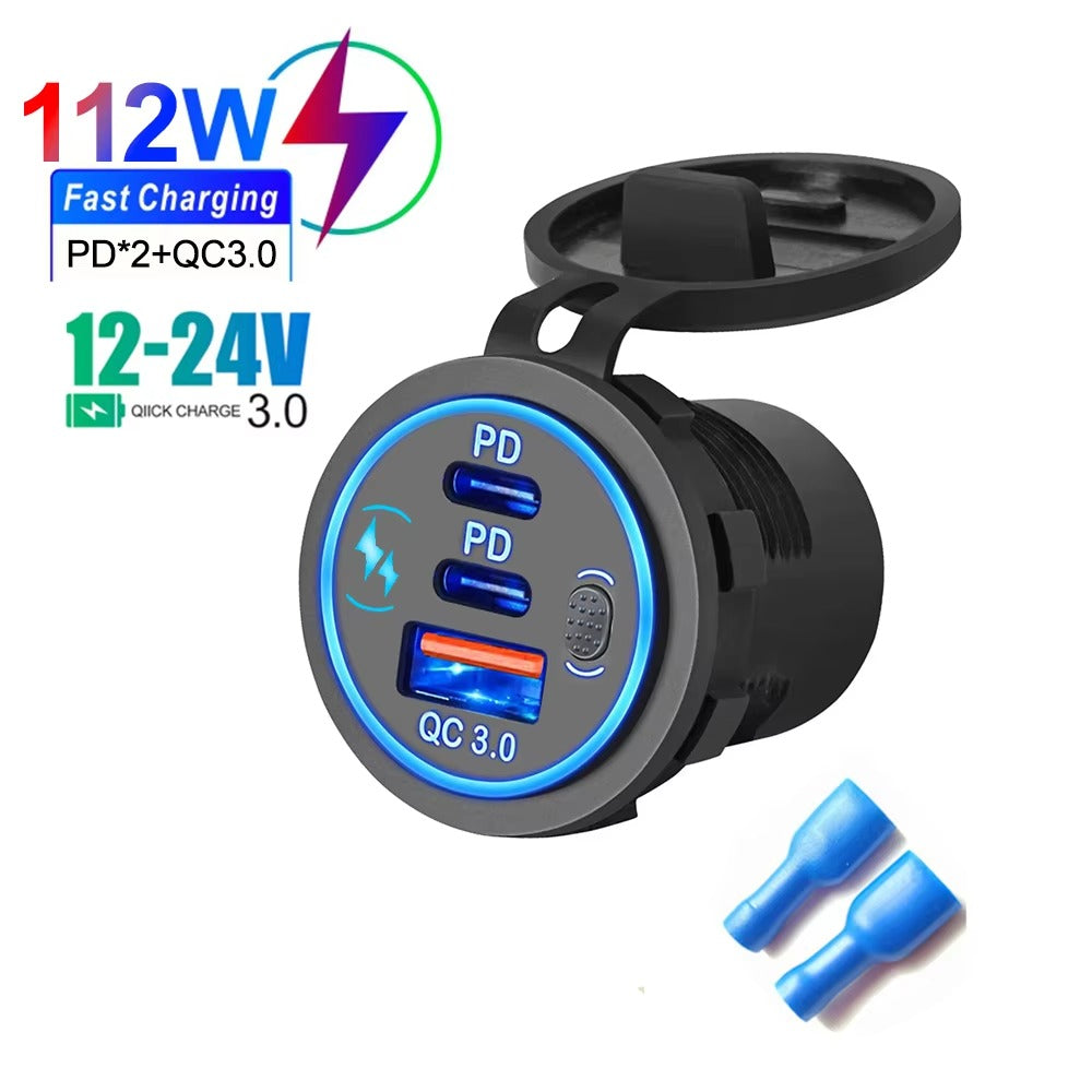 112W 3-Port Fast Car Charger Socket – Dual PD & QC 3.0 USB Outlet for 12V/24V Car, Boat, RV & Motorcycle