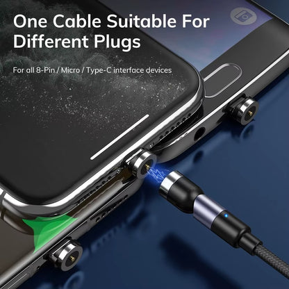 3-in-1 Magnetic Rotating Charging Cable – Micro USB, Type-C & Lightning with 90° Connector