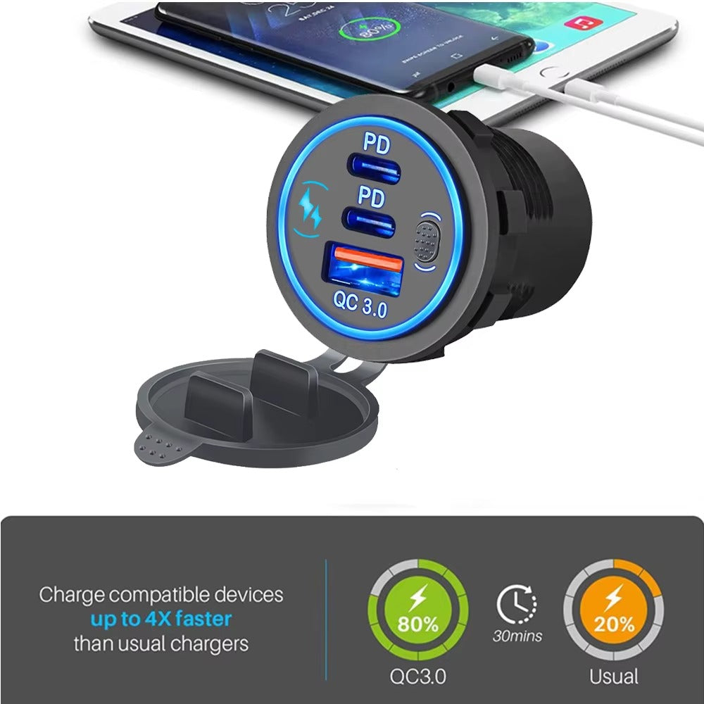 112W 3-Port Fast Car Charger Socket – Dual PD & QC 3.0 USB Outlet for 12V/24V Car, Boat, RV & Motorcycle