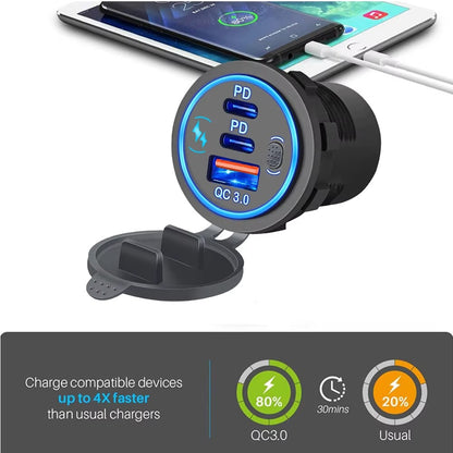 112W 3-Port Fast Car Charger Socket – Dual PD & QC 3.0 USB Outlet for 12V/24V Car, Boat, RV & Motorcycle
