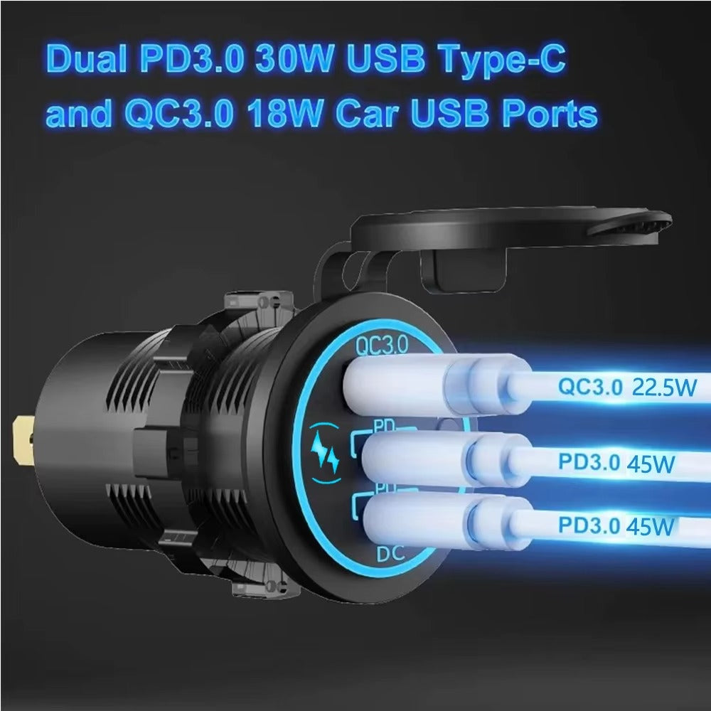 112W 3-Port Fast Car Charger Socket – Dual PD & QC 3.0 USB Outlet for 12V/24V Car, Boat, RV & Motorcycle