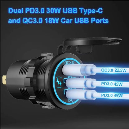 112W 3-Port Fast Car Charger Socket – Dual PD & QC 3.0 USB Outlet for 12V/24V Car, Boat, RV & Motorcycle