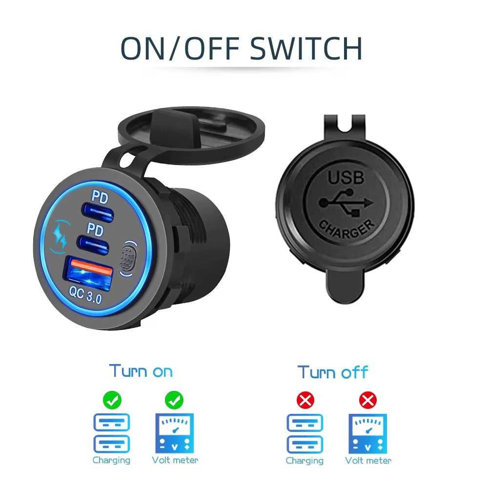 112W 3-Port Fast Car Charger Socket – Dual PD & QC 3.0 USB Outlet for 12V/24V Car, Boat, RV & Motorcycle