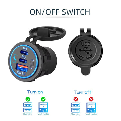112W 3-Port Fast Car Charger Socket – Dual PD & QC 3.0 USB Outlet for 12V/24V Car, Boat, RV & Motorcycle