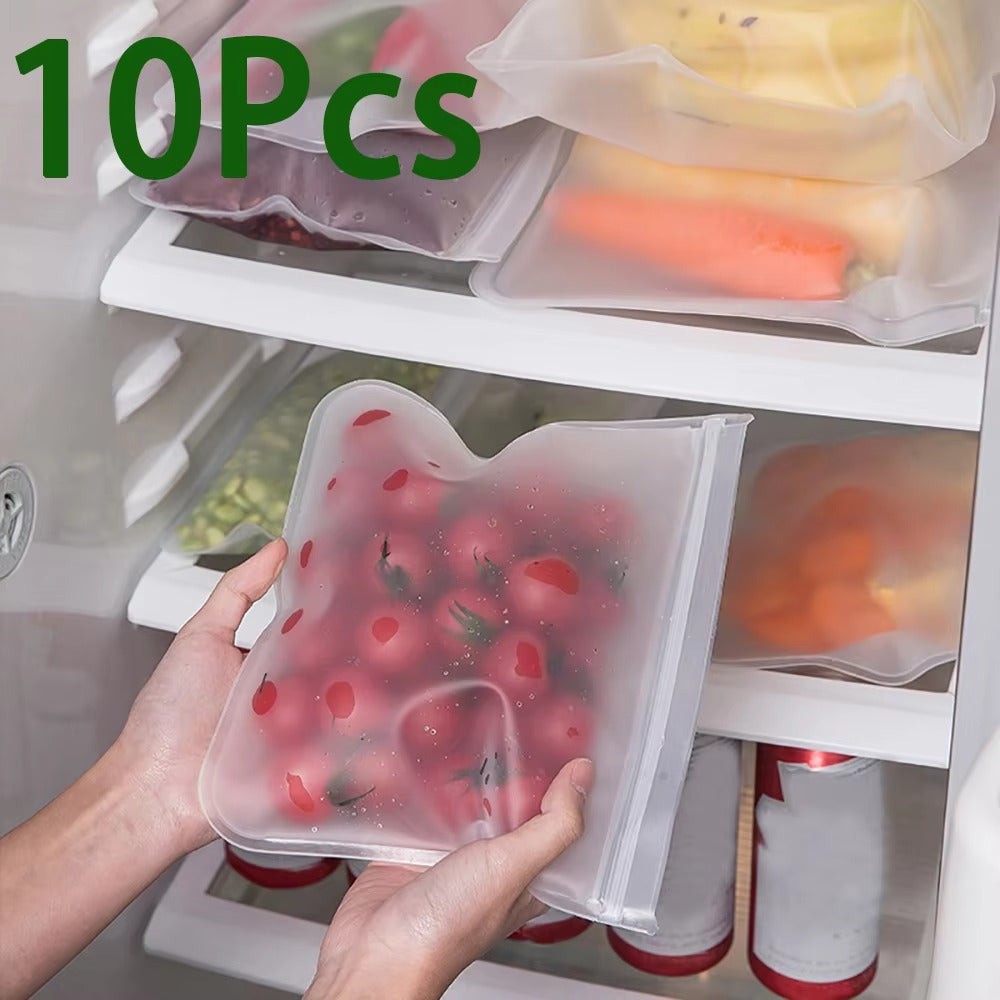 10Pcs Reusable Silicone Food Storage Bags – Leakproof, Stand-Up Zip & Fresh-Keeping