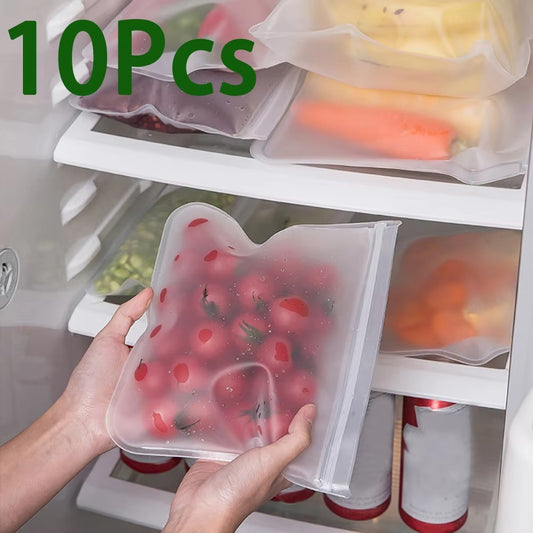 10Pcs Reusable Silicone Food Storage Bags – Leakproof, Stand-Up Zip & Fresh-Keeping