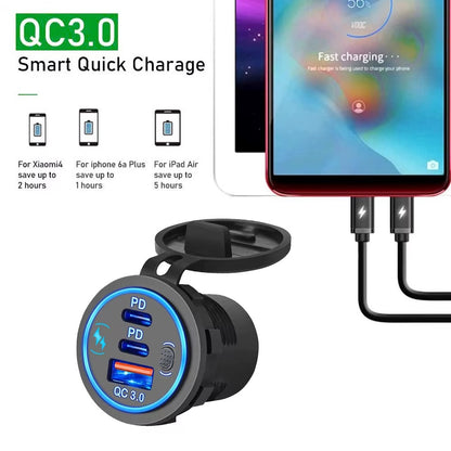 112W 3-Port Fast Car Charger Socket – Dual PD & QC 3.0 USB Outlet for 12V/24V Car, Boat, RV & Motorcycle
