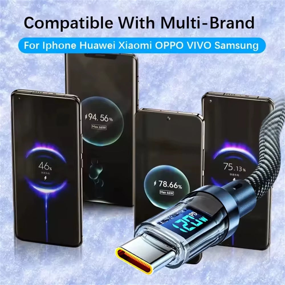 120W A-C and C-C Phone Super Fast Charging Cable with LED display screen