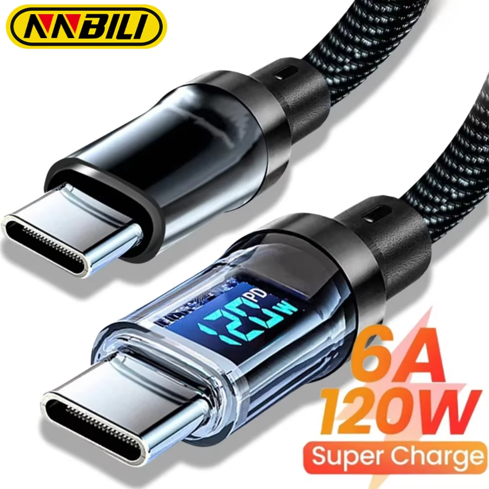 120W A-C and C-C Phone Super Fast Charging Cable with LED display screen