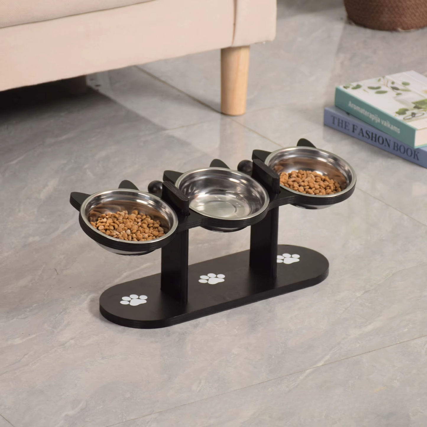 Premium Elevated Pet Bowl Set – 15° Tilted Wooden Stand & Stainless Steel Dishes