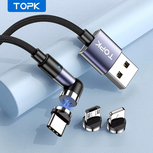 3-in-1 Magnetic Rotating Charging Cable – Micro USB, Type-C & Lightning with 90° Connector